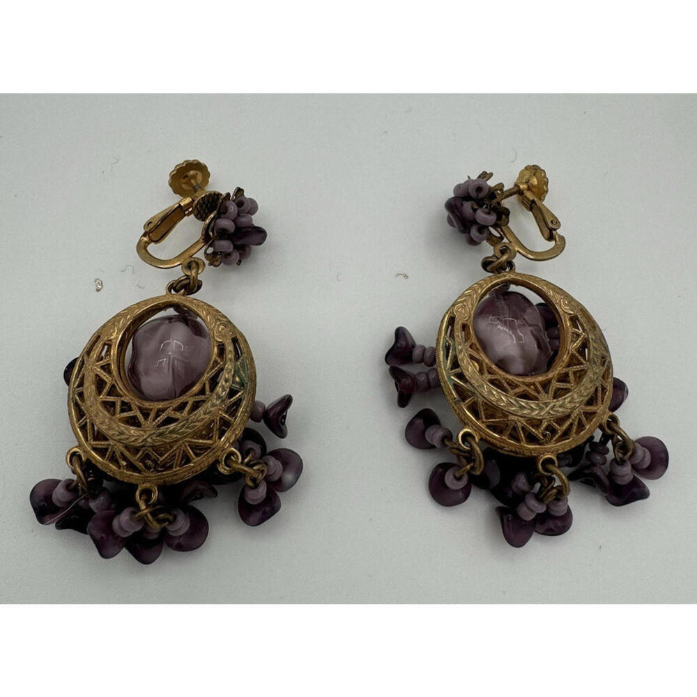 Vintage Miriam Haskell Dangle Glass Bead Purple Gold Tone Earrings